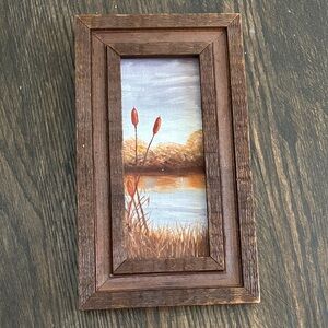 Vintage rustic wood frame & oil painting, cattails in water, signed, 9.5x5.5”